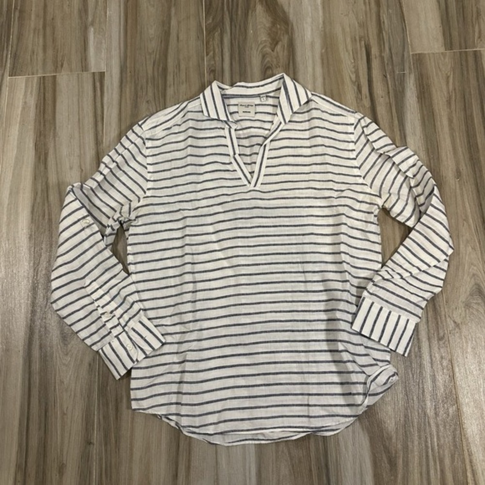 Baird McNutt Large Pullover Long Sleeve‎ White Blue Linen Stripes Coastal Preppy